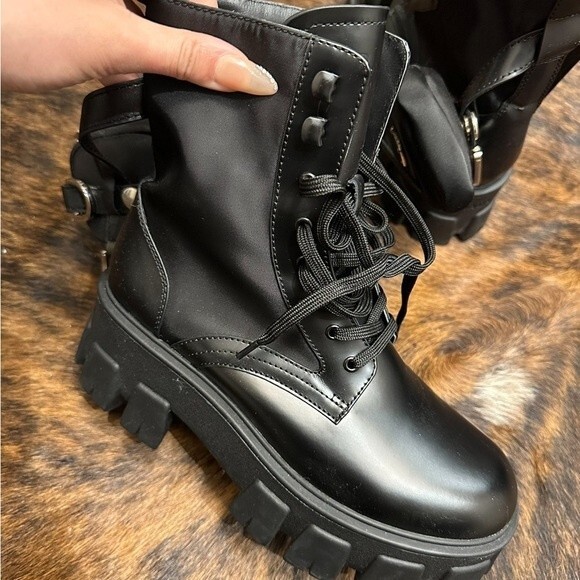 PRADA Leather Zip Pocket Combat Booties - Picture 7 of 9